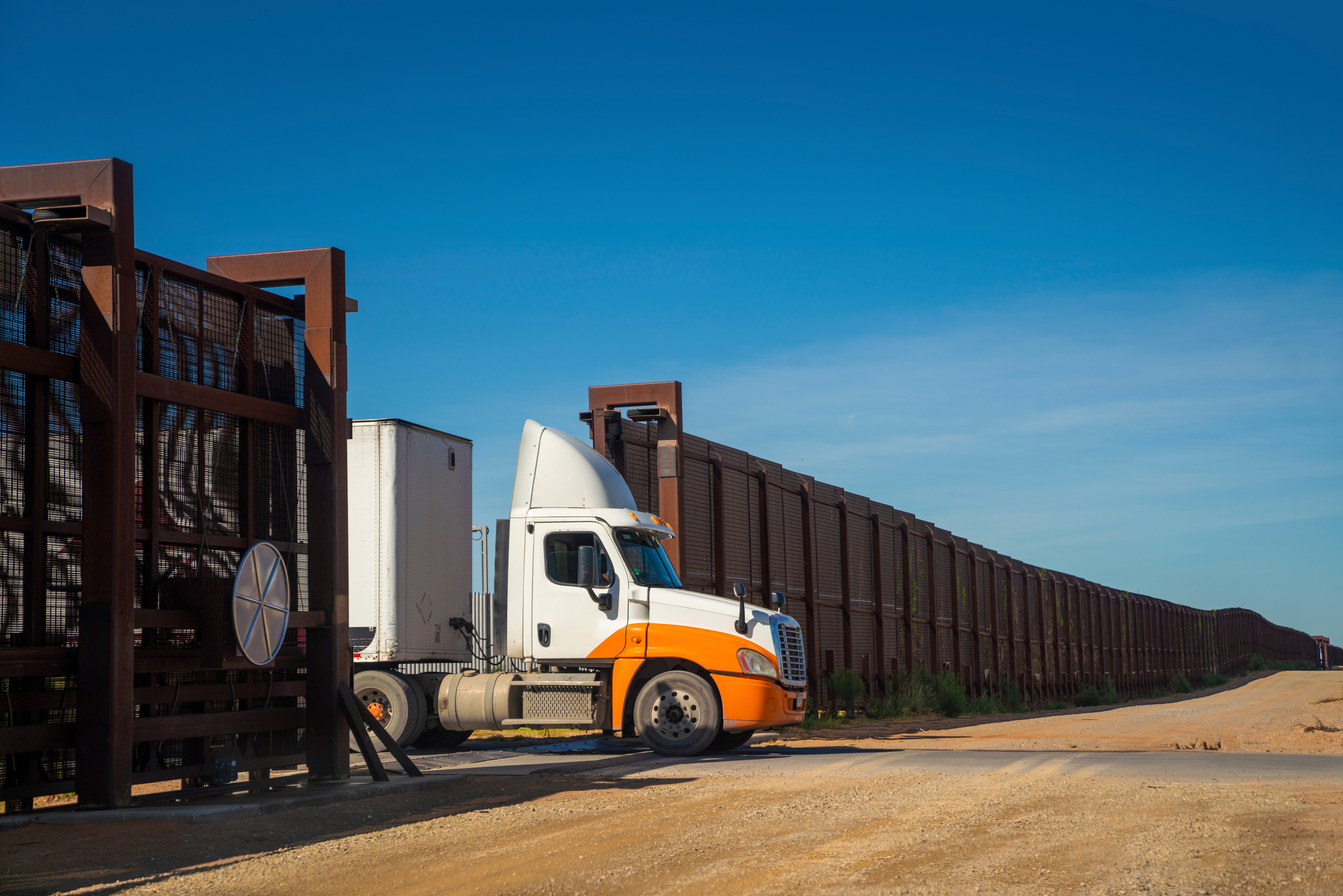 Semi-truck awaiting inspection at the US-Mexico border crossing